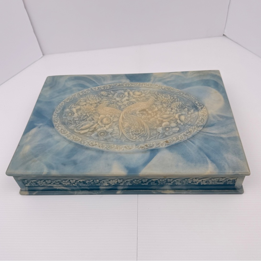 Vintage Large Incolay Stone Birds of Paradise Divided Jewelry Box Blue & White